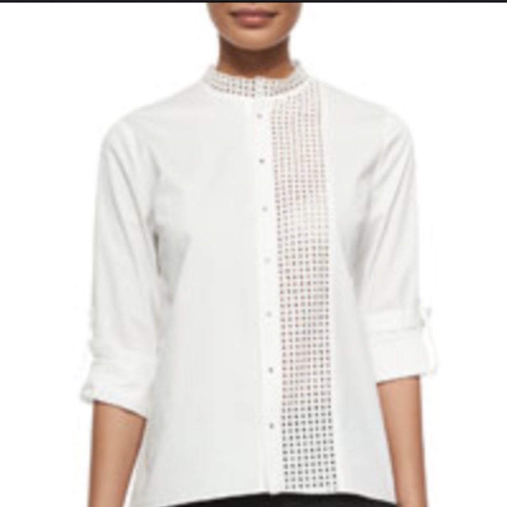 Elie Tahari Women Top Tahlia White Eyelet Stretch Knit Poplin Mandarin Collar M